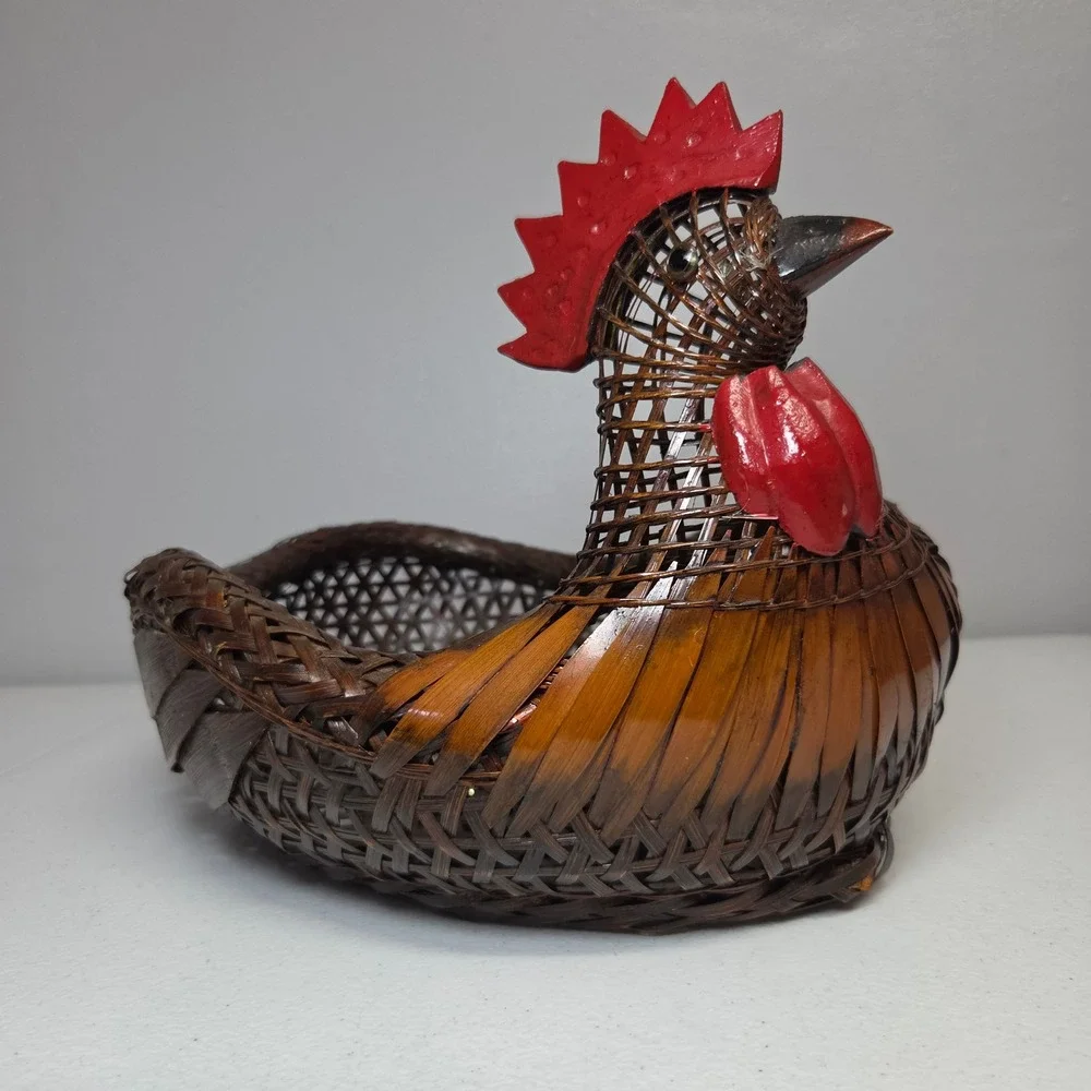 Chicken‎ Rooster Basket Wicker 14 Inch Farmhouse Decor Brown Red Cottagecore